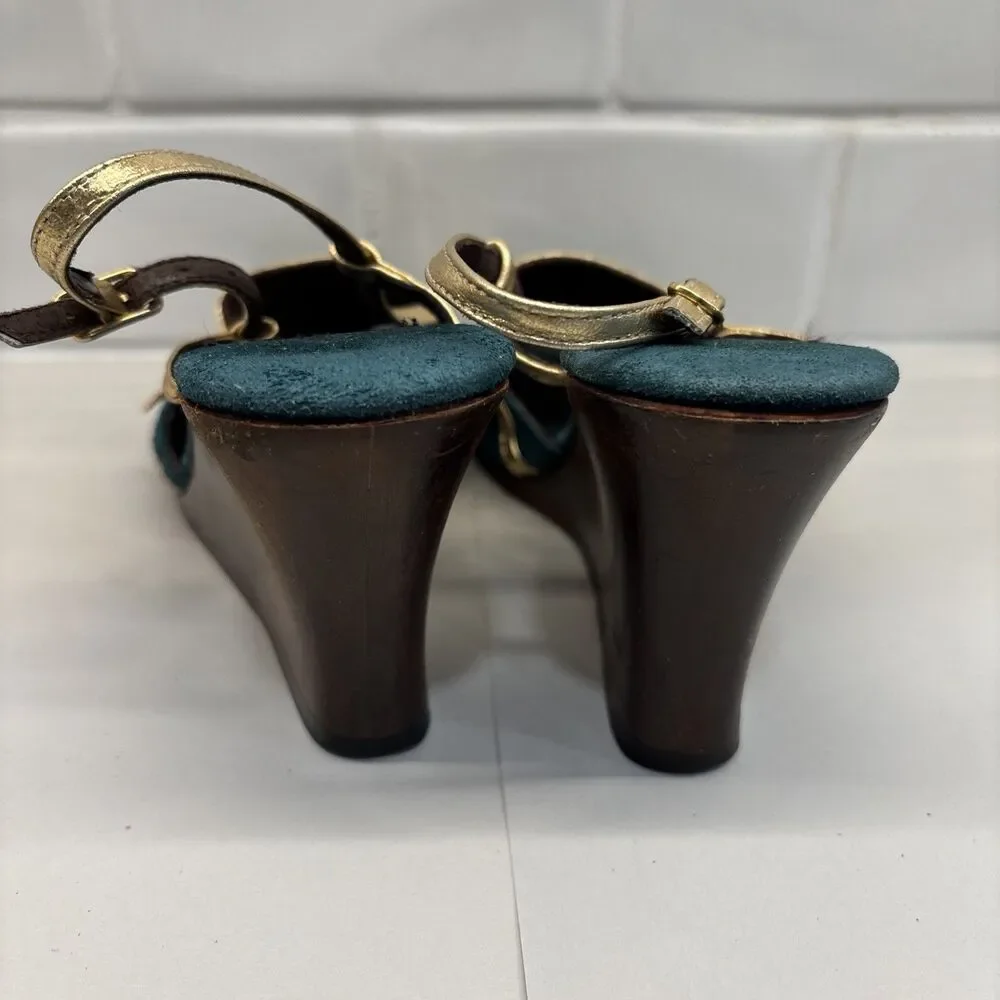 Delores & Maxine Suede Wedge Heel Jade & Gold Women’s‎ Size 6 Leather